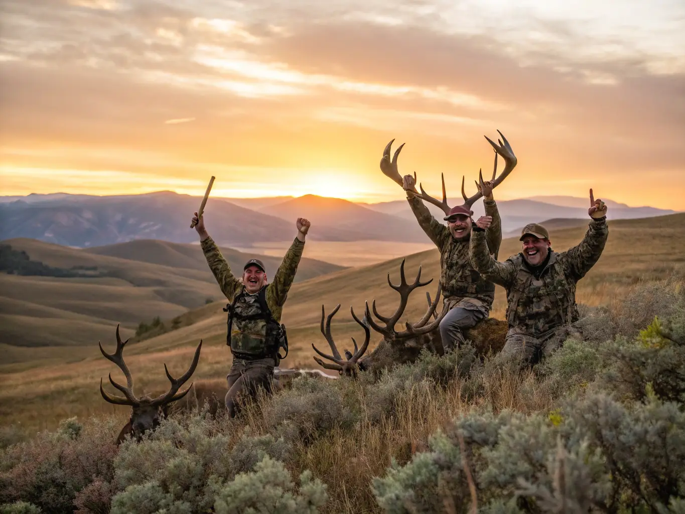 A group of hunters participating in a guided deer hunt in the Lévézou region, showcasing responsible hunting practices and teamwork.
