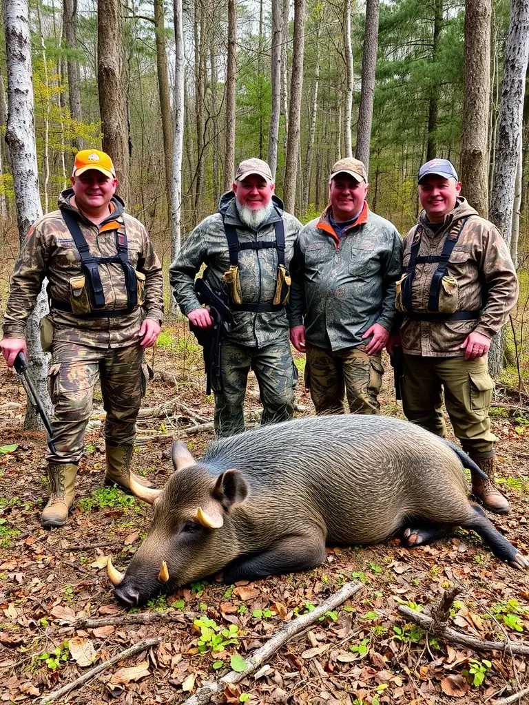 A group of hunters participating in a guided deer hunt, showcasing the camaraderie and excitement of hunting within the Lévézou territory under ACPR DU LEVEZOU's guidance.