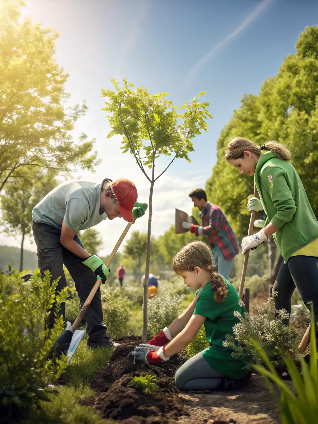 A picture of volunteers planting trees or restoring habitat in a conservation area, highlighting the club's commitment to environmental stewardship.