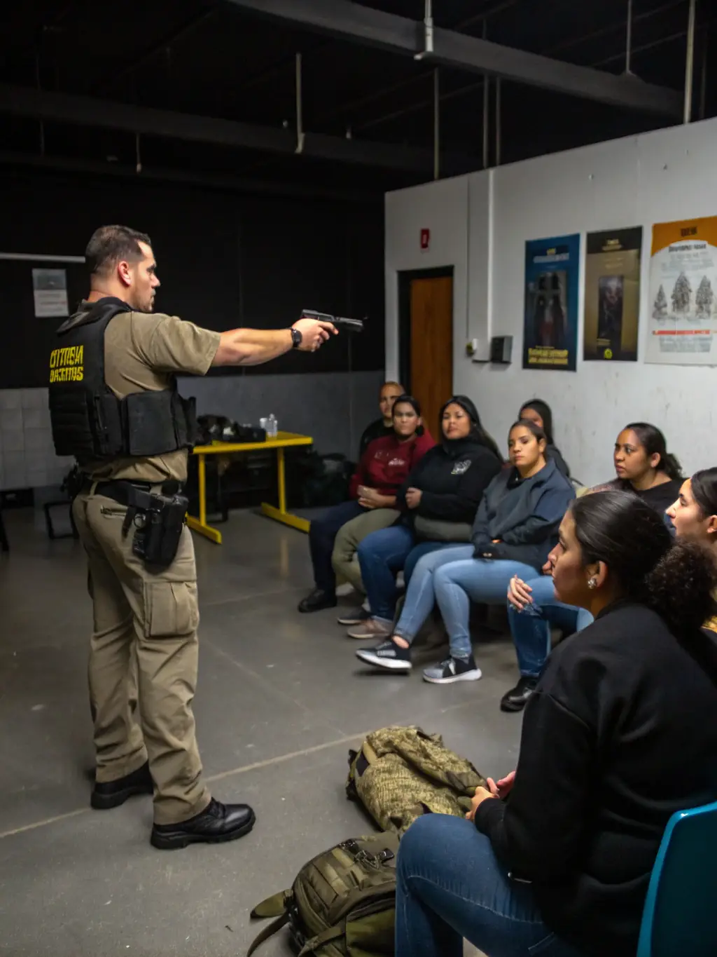 A hunter education course in session, with participants learning about firearm safety and wildlife identification in a classroom setting, emphasizing ACPR DU LEVEZOU's commitment to responsible hunting.