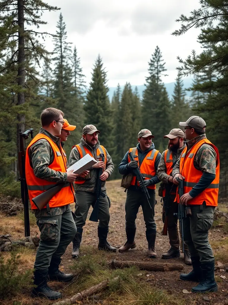 A photograph of hunters in Lévézou preparing for a driven hunt, showcasing the camaraderie and anticipation before the event.