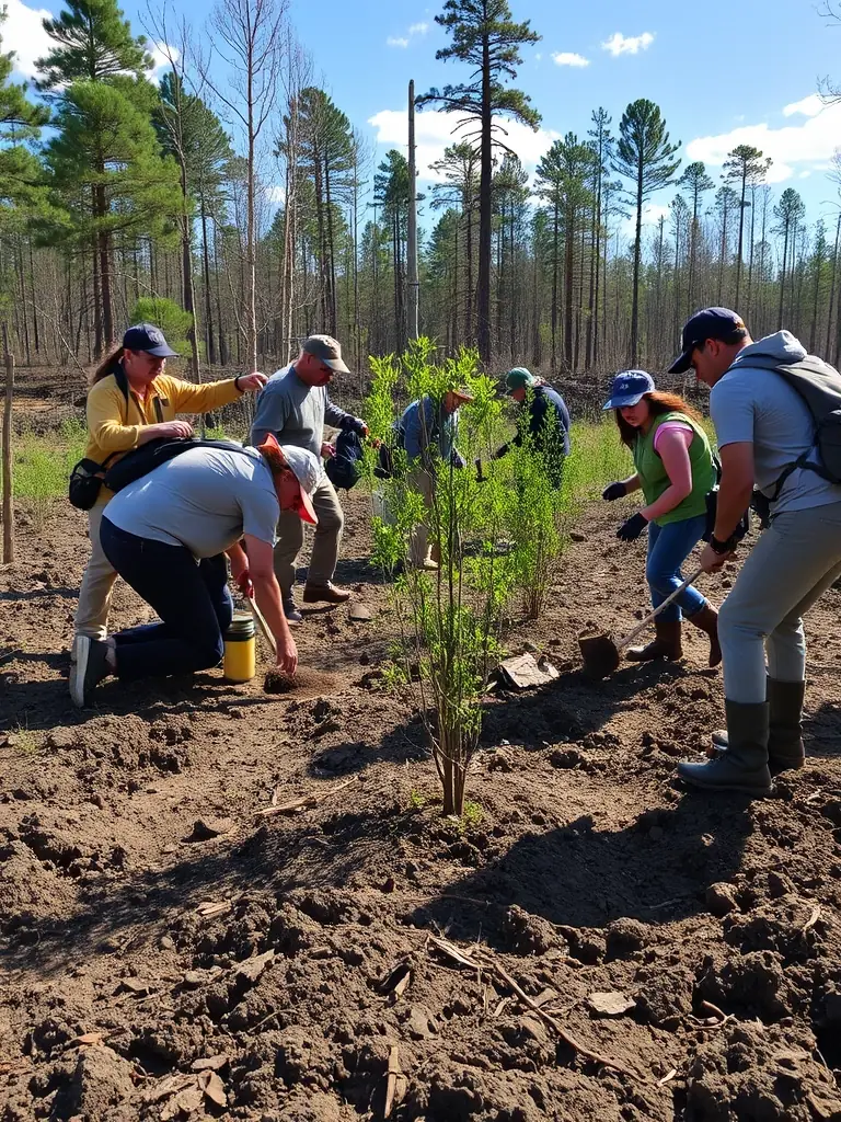 Volunteers participating in a habitat restoration project, planting trees and clearing brush to improve wildlife habitats, reflecting ACPR DU LEVEZOU's dedication to conservation.