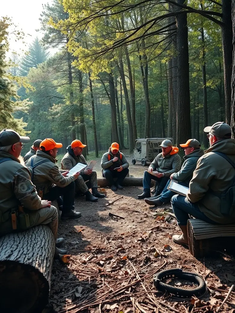 A group of young hunters participating in a youth hunting program, learning about hunting traditions and conservation from experienced mentors, highlighting ACPR DU LEVEZOU's investment in future generations.